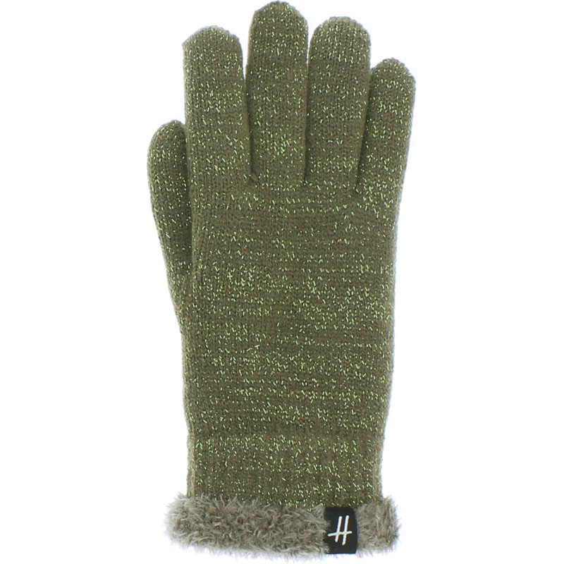 gant femme en maille avec fil lurex et doublure en plush teddy, coloris vert kaki