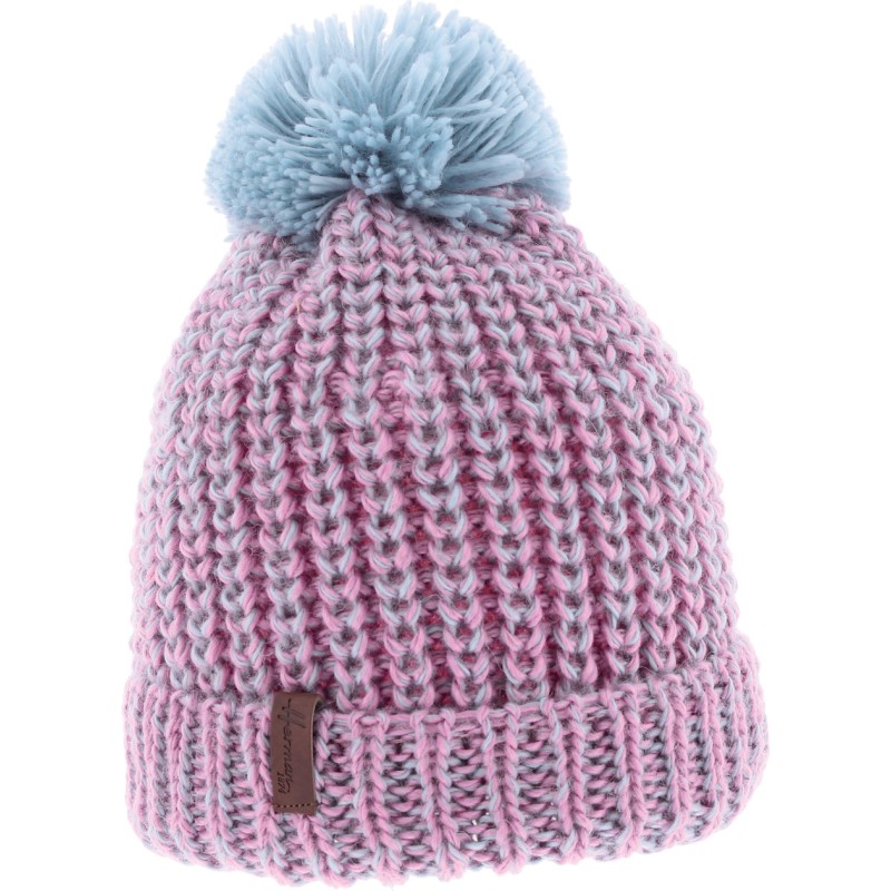 BONNET LONG CHINE BICOLORE AVEC REVERS ET POMPON FIL DOUBLE PLUSH