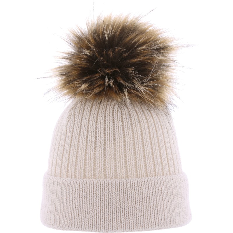bonnet uni avec revers et pompon fausse fourure