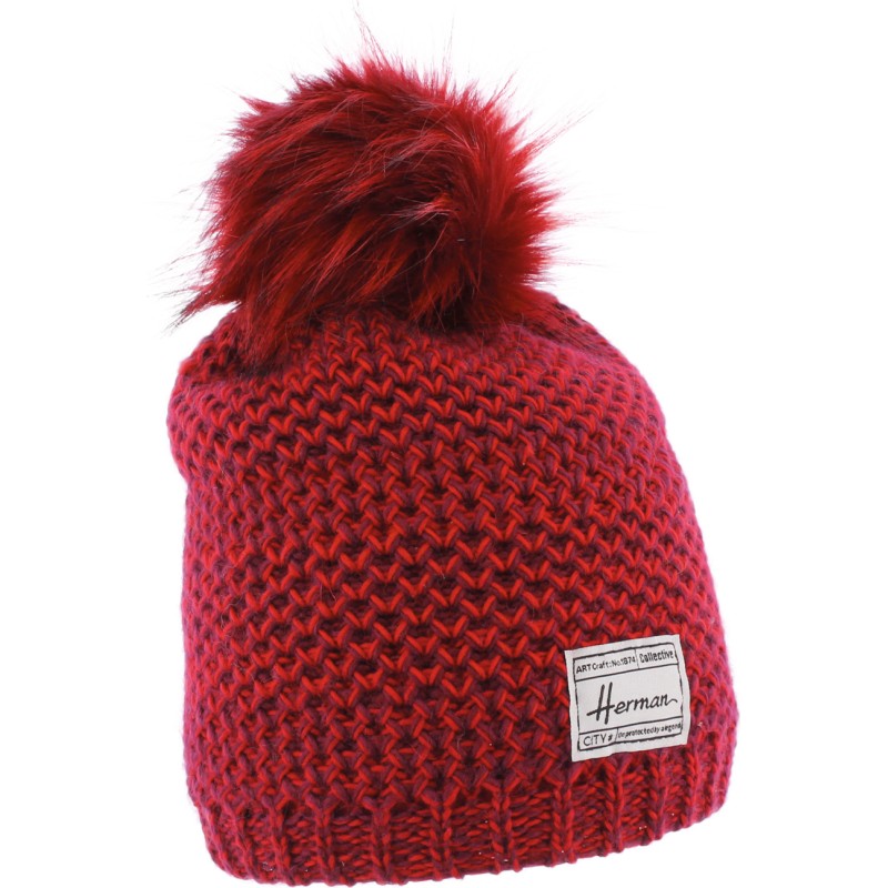 BONNET LONG CHINE BICOLORE AVEC POMPON FAUSSE FOURRURE DOUBLE PLUSH