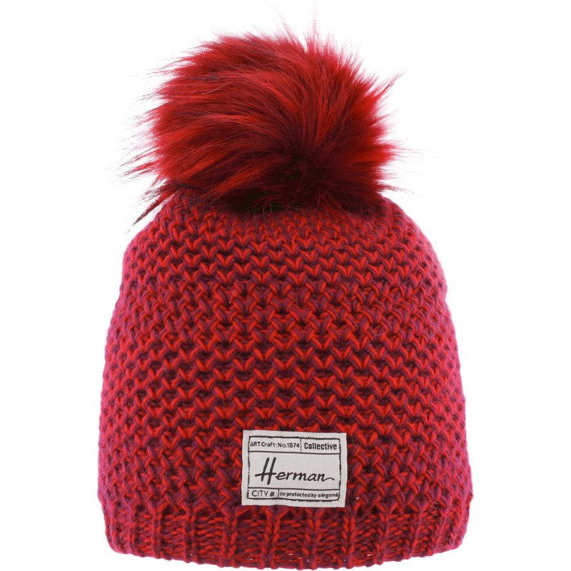 BONNET LONG CHINE BICOLORE AVEC POMPON FAUSSE FOURRURE DOUBLE PLUSH