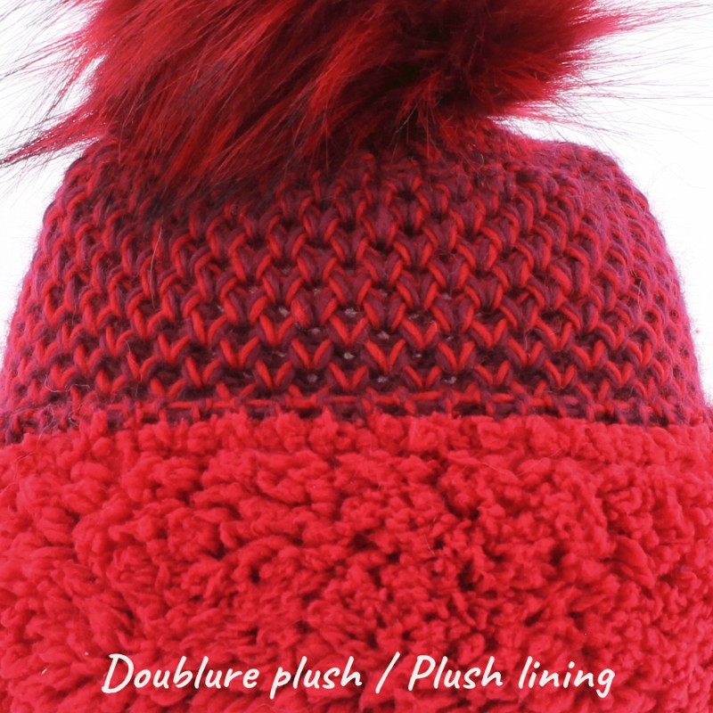 BONNET LONG CHINE BICOLORE AVEC POMPON FAUSSE FOURRURE DOUBLE PLUSH