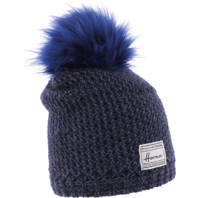 BONNET LONG CHINE BICOLORE AVEC POMPON FAUSSE FOURRURE DOUBLE PLUSH