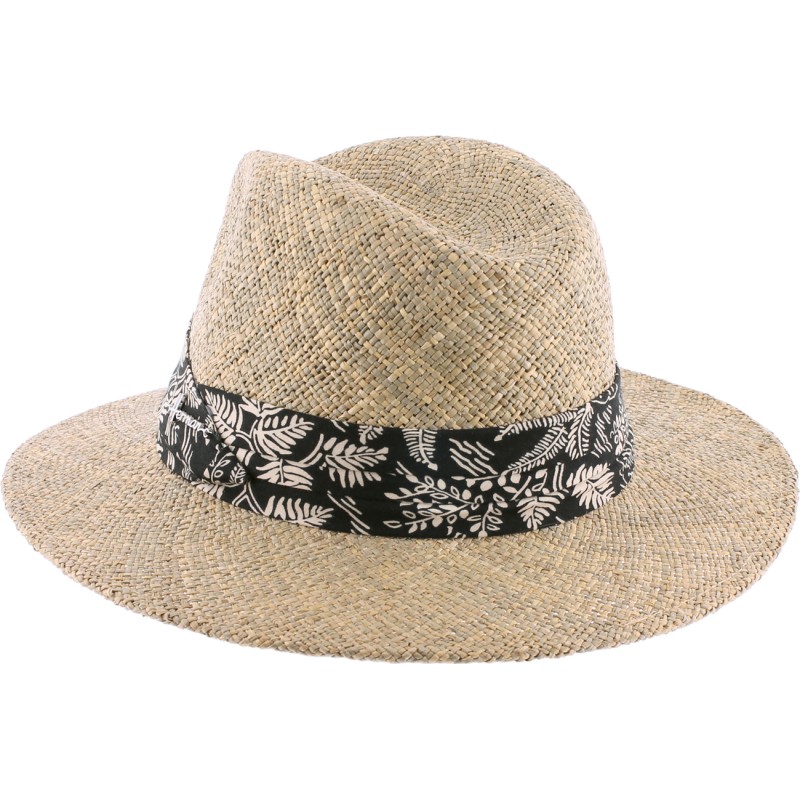 Chapeau grand bord droit en paille seagrass uni avec fine ceinture fau