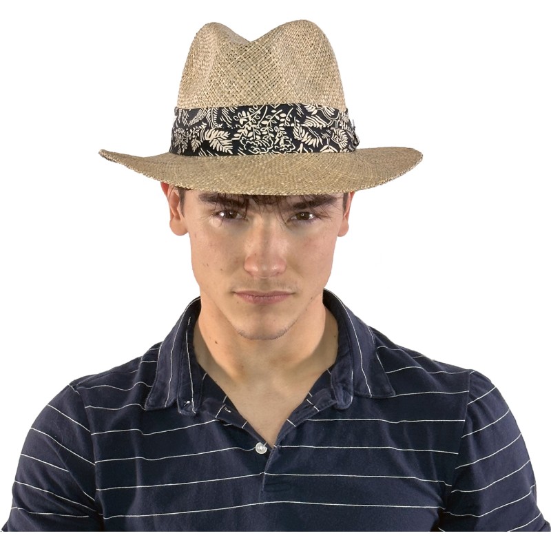 Chapeau grand bord droit en paille seagrass uni avec fine ceinture fau