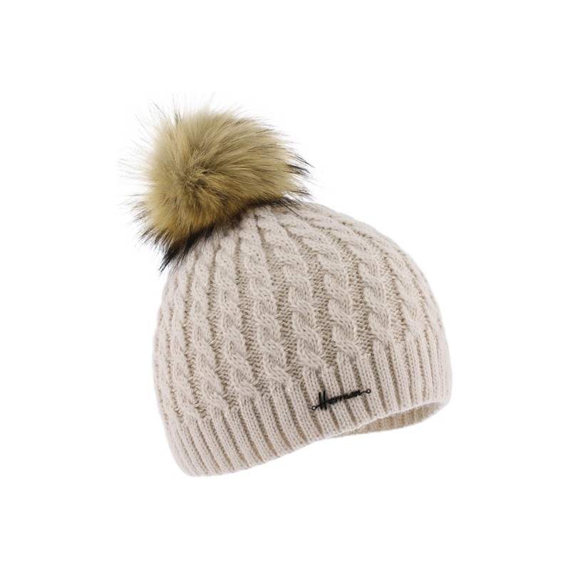 Bonnet torsadé uni avec pompon en fausse fourrure doublé micro plush
