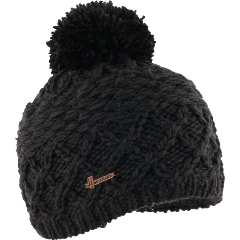 Bonnet tricot torsadé uni avec pompon doublé plush