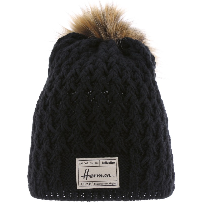 Bonnet long en tricot uni avec badge rectangulaire et pompon fausse fo