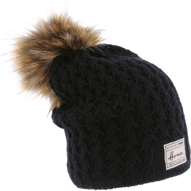 Bonnet long en tricot uni avec badge rectangulaire et pompon fausse fo