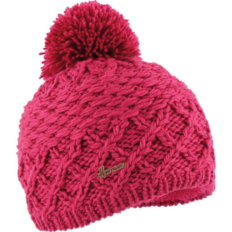 Bonnet tricot torsadé uni avec pompon doublé plush