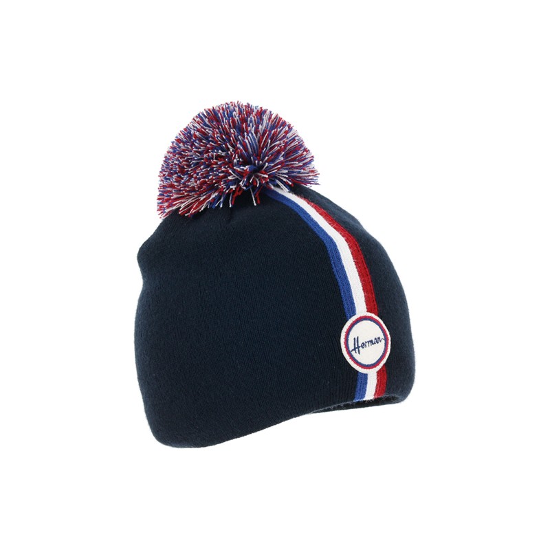 Bonnet avec pompon en maille tricolore doublé micro plush