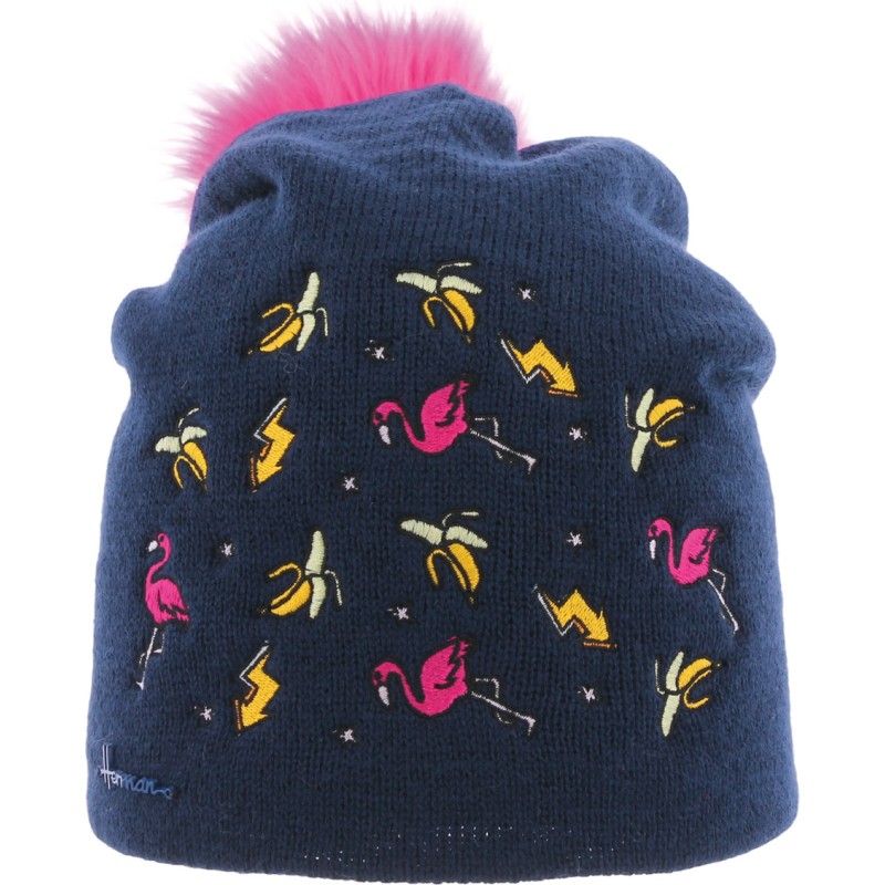 Bonnet enfant uni avec broderie sur l'avant et pompon fausse fourrure