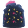 Bonnet enfant uni avec broderie sur l'avant et pompon fausse fourrure