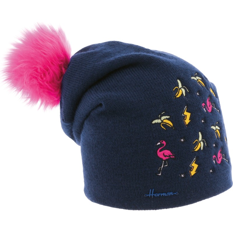 Bonnet enfant uni avec broderie sur l'avant et pompon fausse fourrure