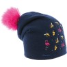 Bonnet enfant uni avec broderie sur l'avant et pompon fausse fourrure