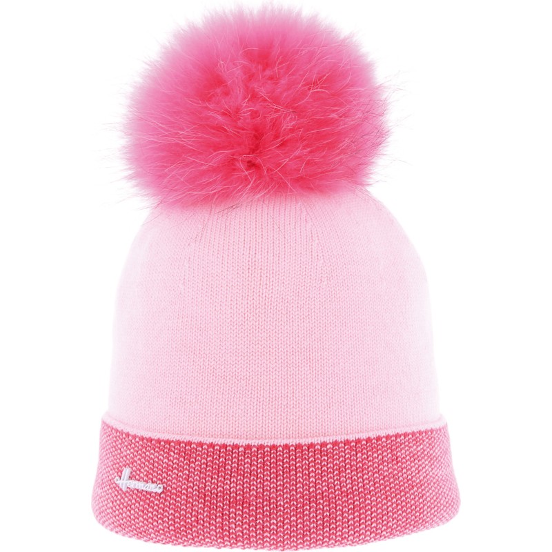 BONNET ROND BICOLORE CHINE AVEC REVERS ET POMPON FAUSSE FOURRURE DOUBL