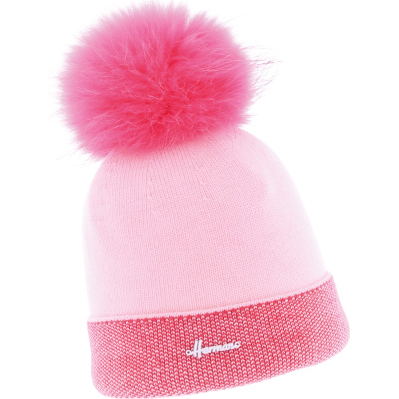 BONNET ROND BICOLORE CHINE AVEC REVERS ET POMPON FAUSSE FOURRURE DOUBL