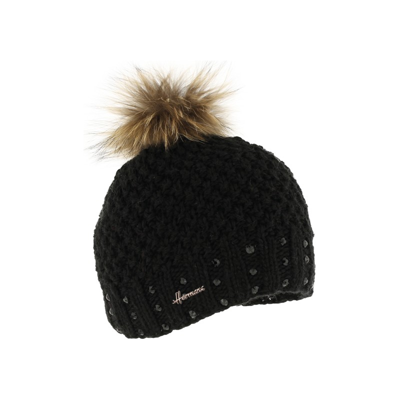 Bonnet grosse maille tricoté main + strass et pompon fausse fourrure