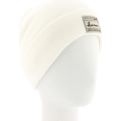Bonnet en maille uni avec revers et badge rectangulaire doublé plush
