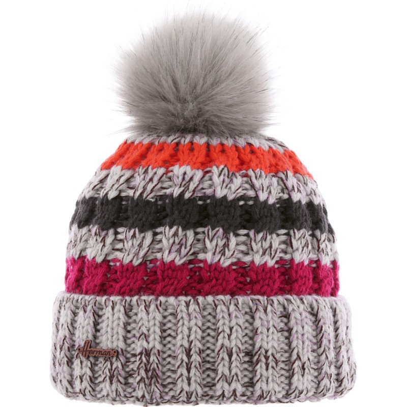 Bonnet enfant rayé tricolore avec pompon fausse fourrure