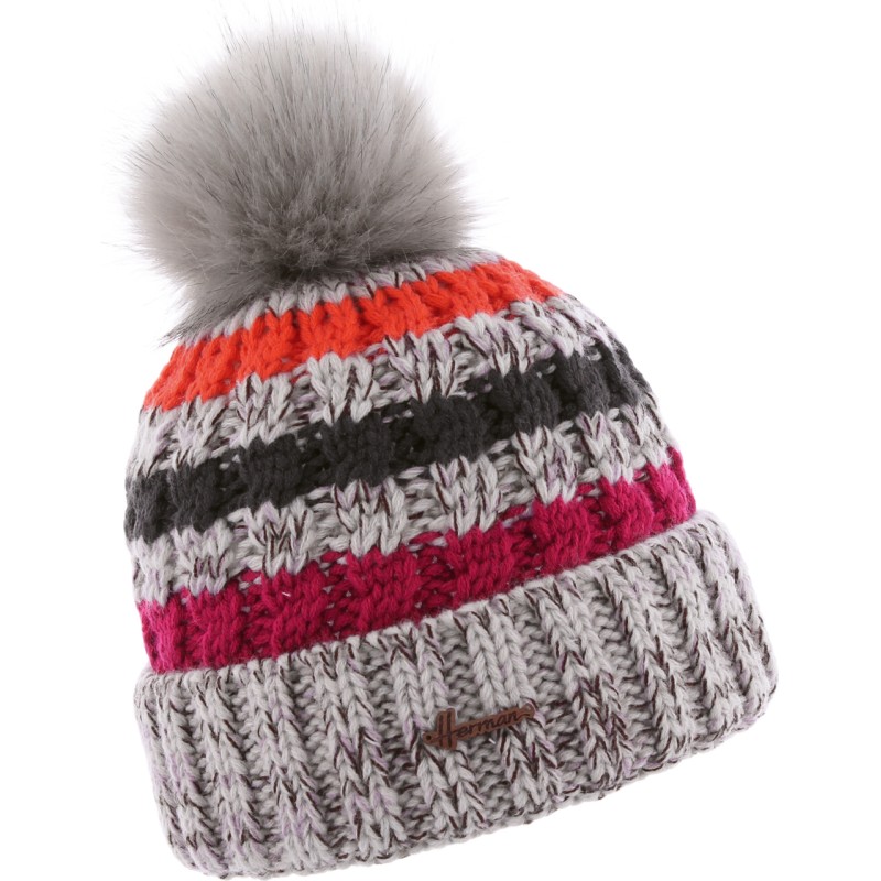 Bonnet enfant rayé tricolore avec pompon fausse fourrure