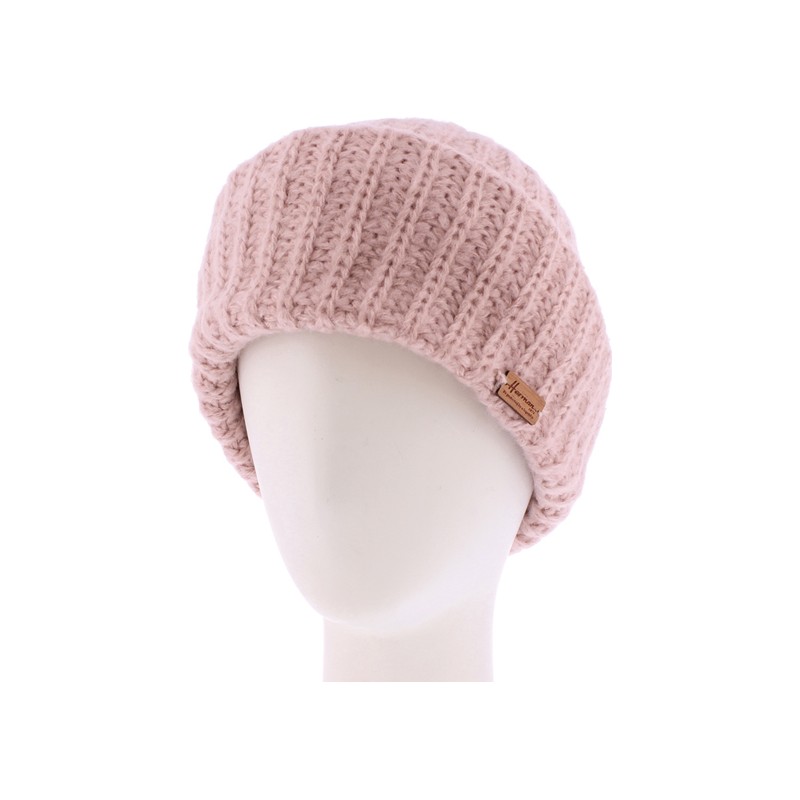 bonnet femme hiver en maille et revers coloris rose