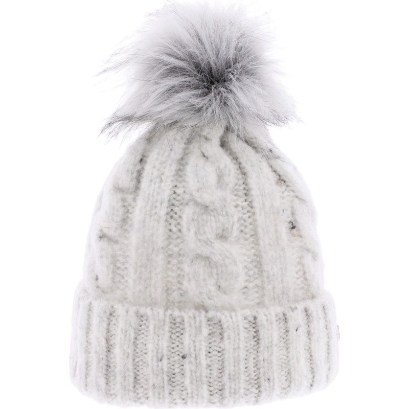 Heathered women's twisted beanie with faux fur pompom